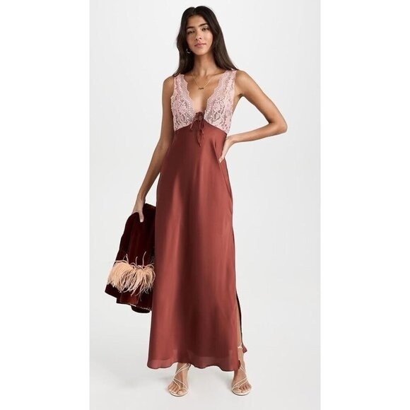 NWT Free People Sparkling Cider Slip Dress L Terra Cotta Satin Lace Maxi - Picture 3 of 10